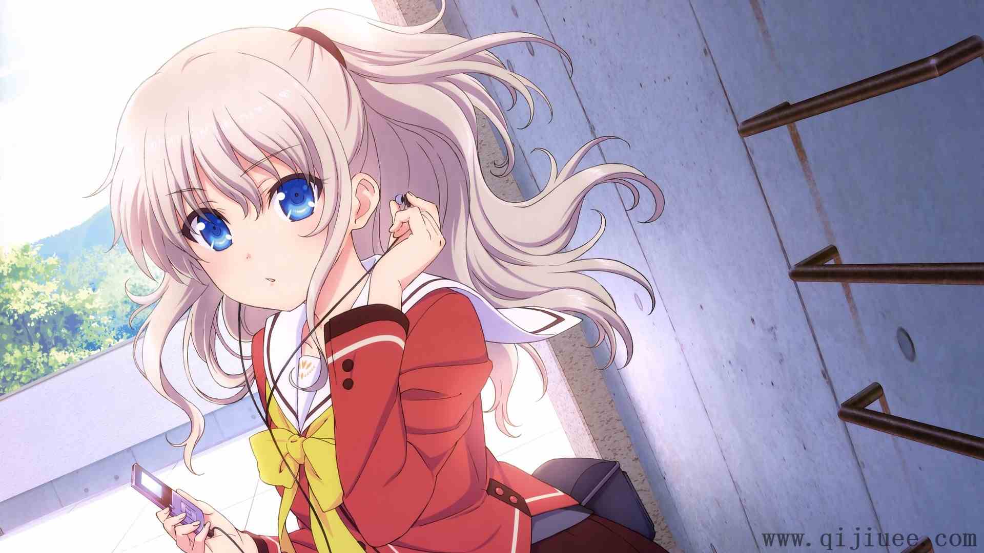 蓝眼睛 长发 户外女性 动漫女孩 动漫  动漫 校服 耳机 红色衣服  4K壁纸3840 x 2400/1.07 MB-柒染测试库