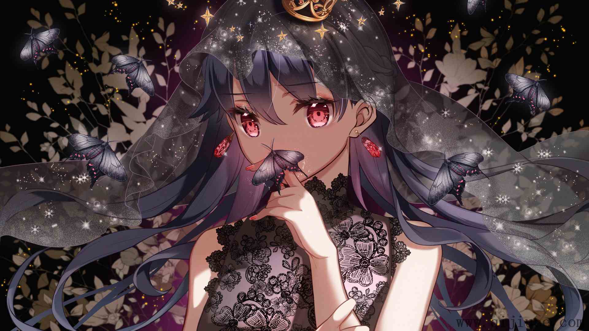 原创人物 长发 深色头发 红眼睛 动漫女孩 动漫 面纱 连衣裙 蝴蝶  4K壁纸5732 x 4047/4.91 MB-柒染测试库