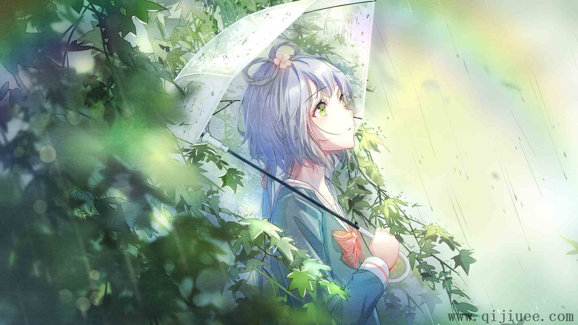 抬头 小提琴 动漫女孩 雨伞 雨 树叶 蝴蝶结 彩虹  4K壁纸4134 x 2480/3.05 MB-柒染测试库