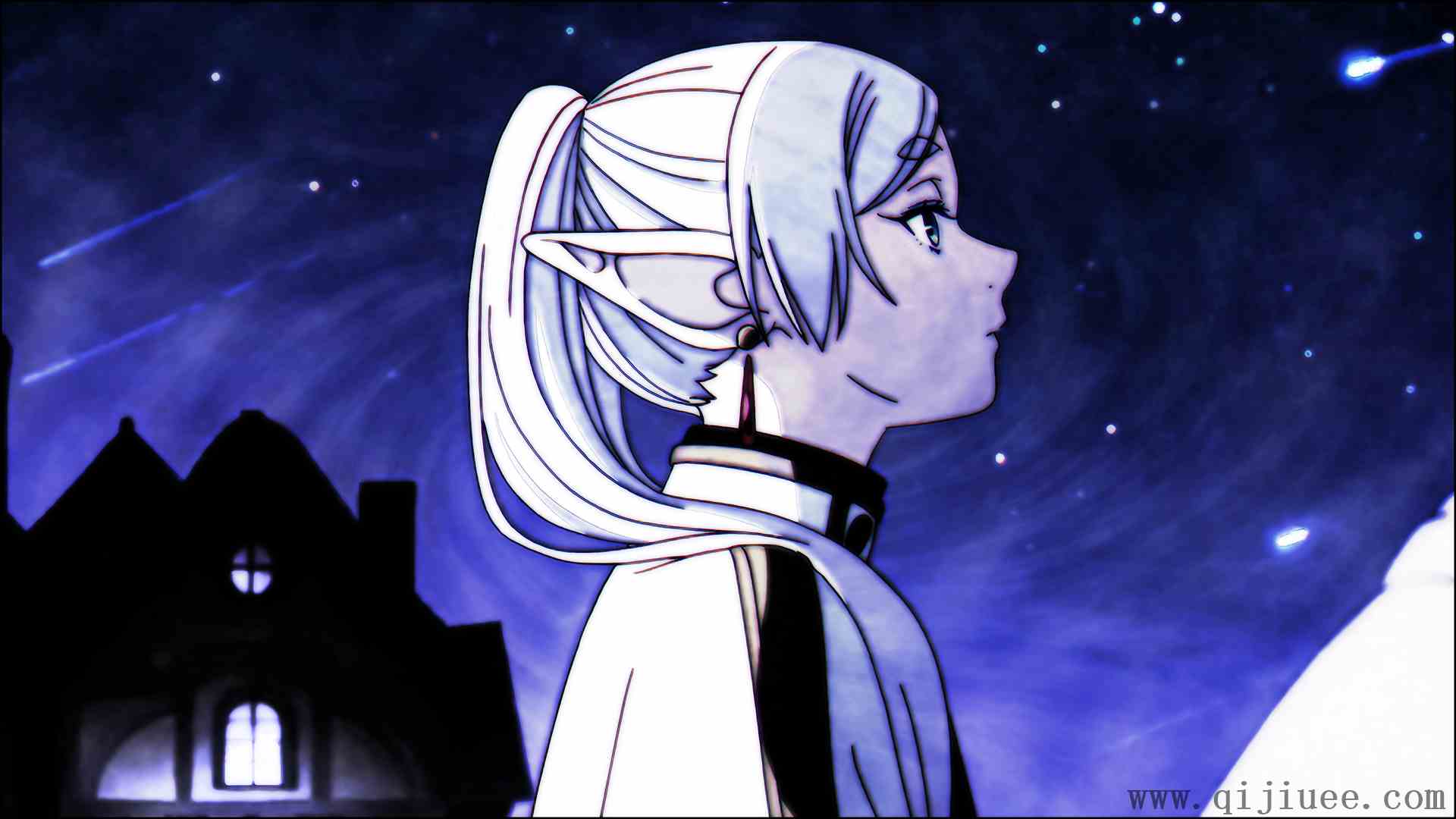 白发 马尾辫 星星 动漫女孩 尖耳朵 耳环 天空 夜晚 流星 4K壁纸3840 x 2160/5.61 MB-柒染测试库