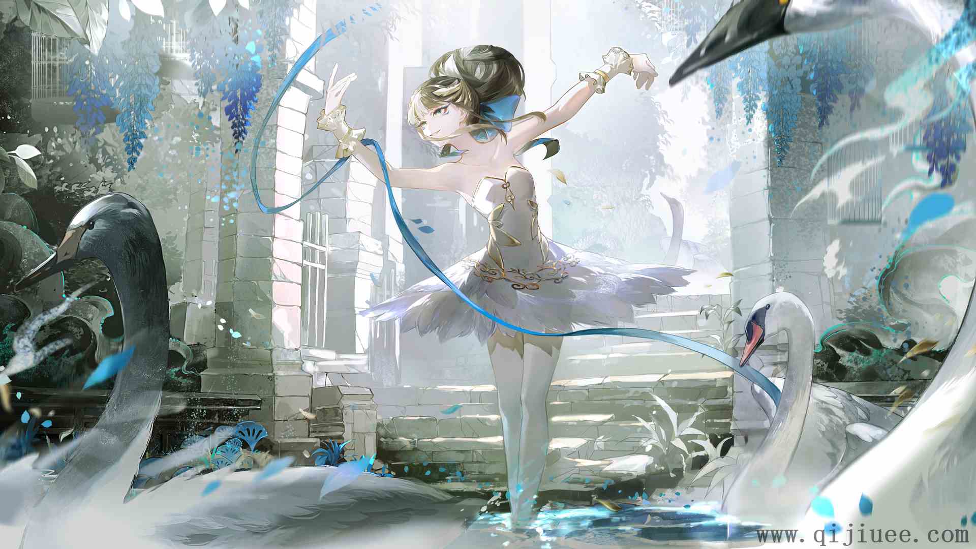 露肩 户外 女人 蓝眼睛 水 天鹅湖 天鹅 黑发 白色连裤袜 楼梯 花瓣 树叶 水滴 舞蹈 动物 蓝丝带 鸟笼子 4K壁纸7317 x 4028/14.35 MB-柒染测试库