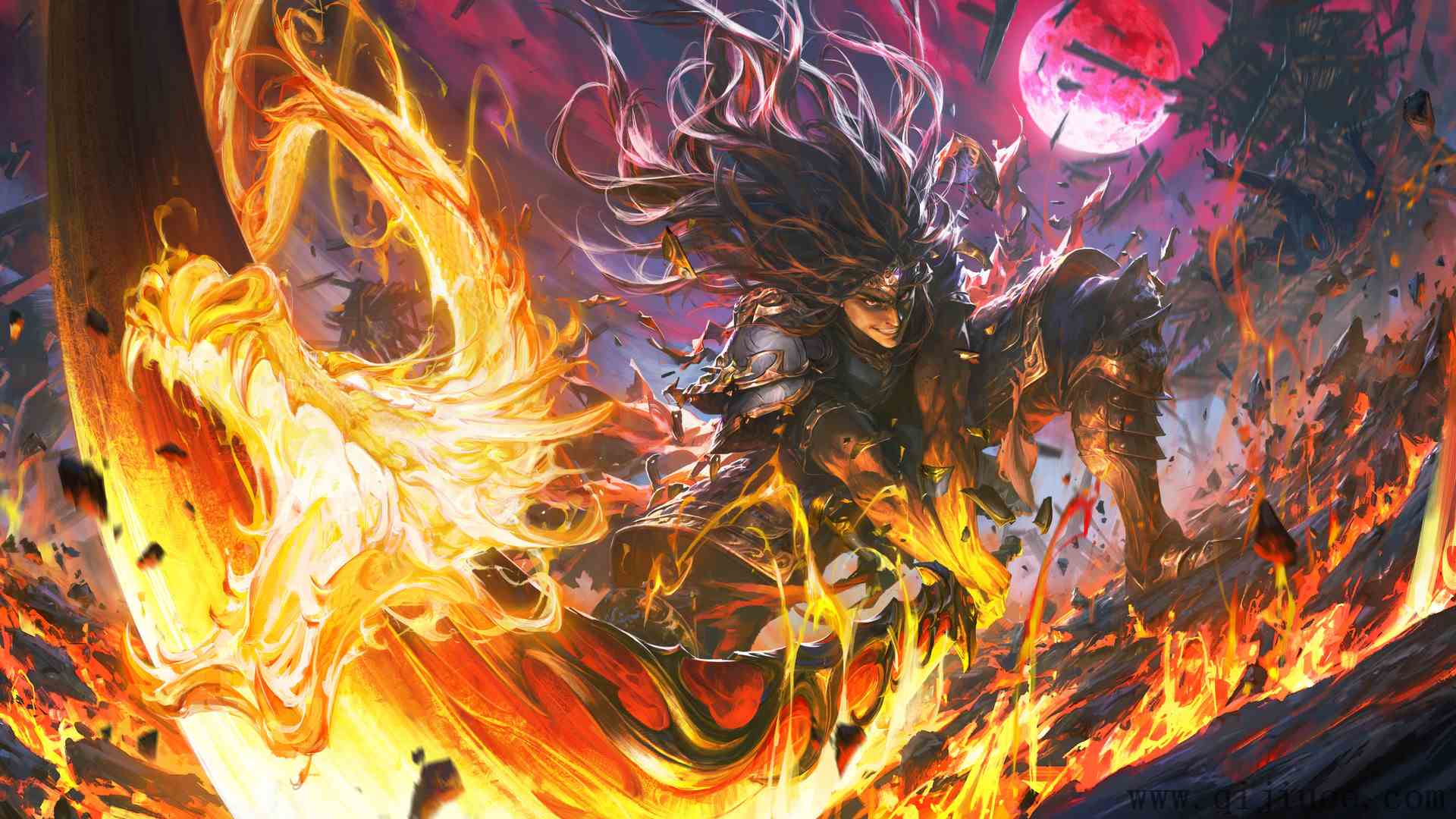 幻想 男人 微笑 长发 武器 红月亮 满月 剑 火 月亮 盔甲 岩石 数字艺术 中国龙 4K壁纸5780 x 2828/4.1 MB-柒染测试库