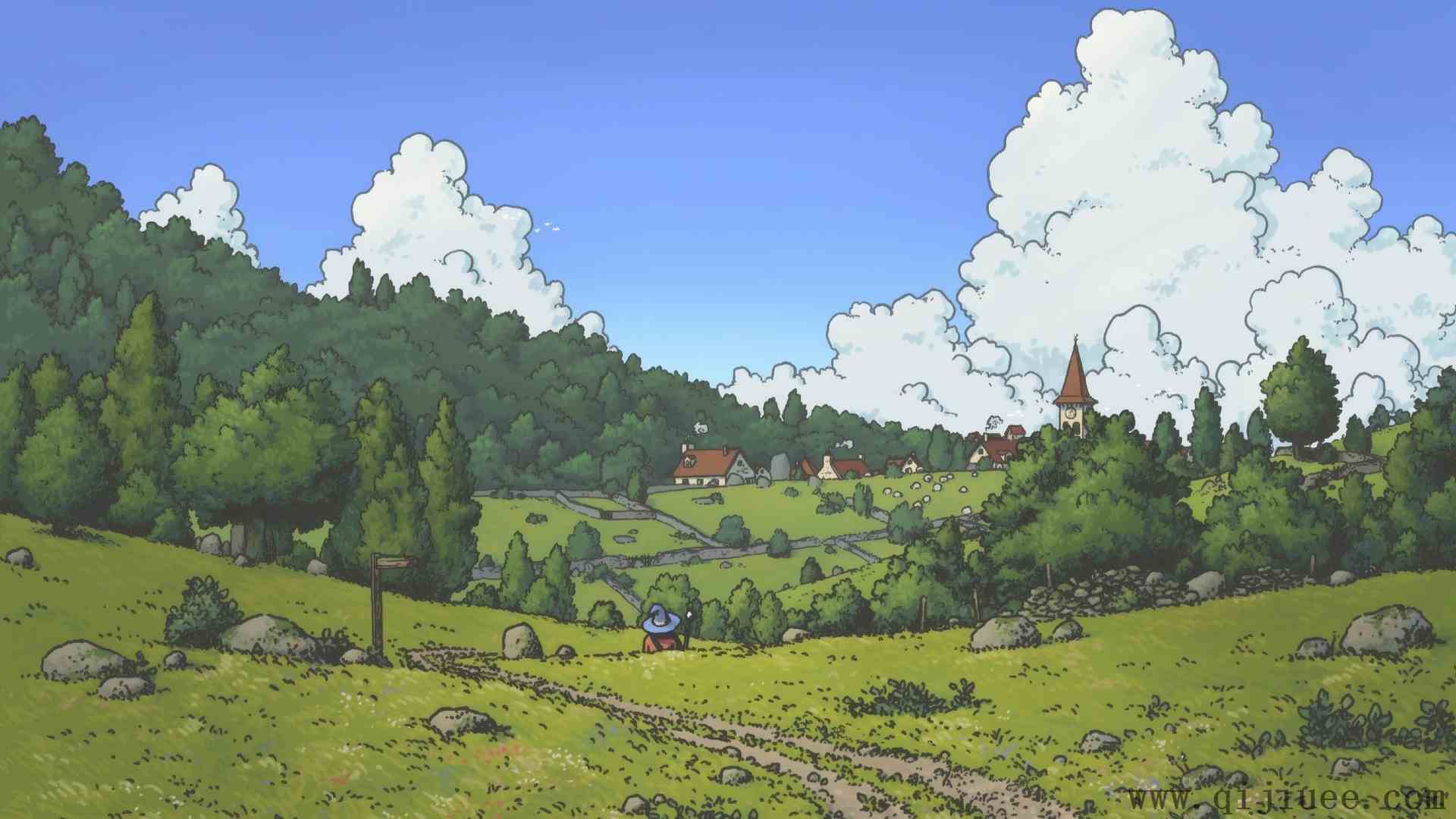 治愈 唯美 天空 草地 红帽子 简单背景 蓝色 绿色 巫师 自然 森林 4K壁纸3840 x 2160/3.98 MB-柒染测试库