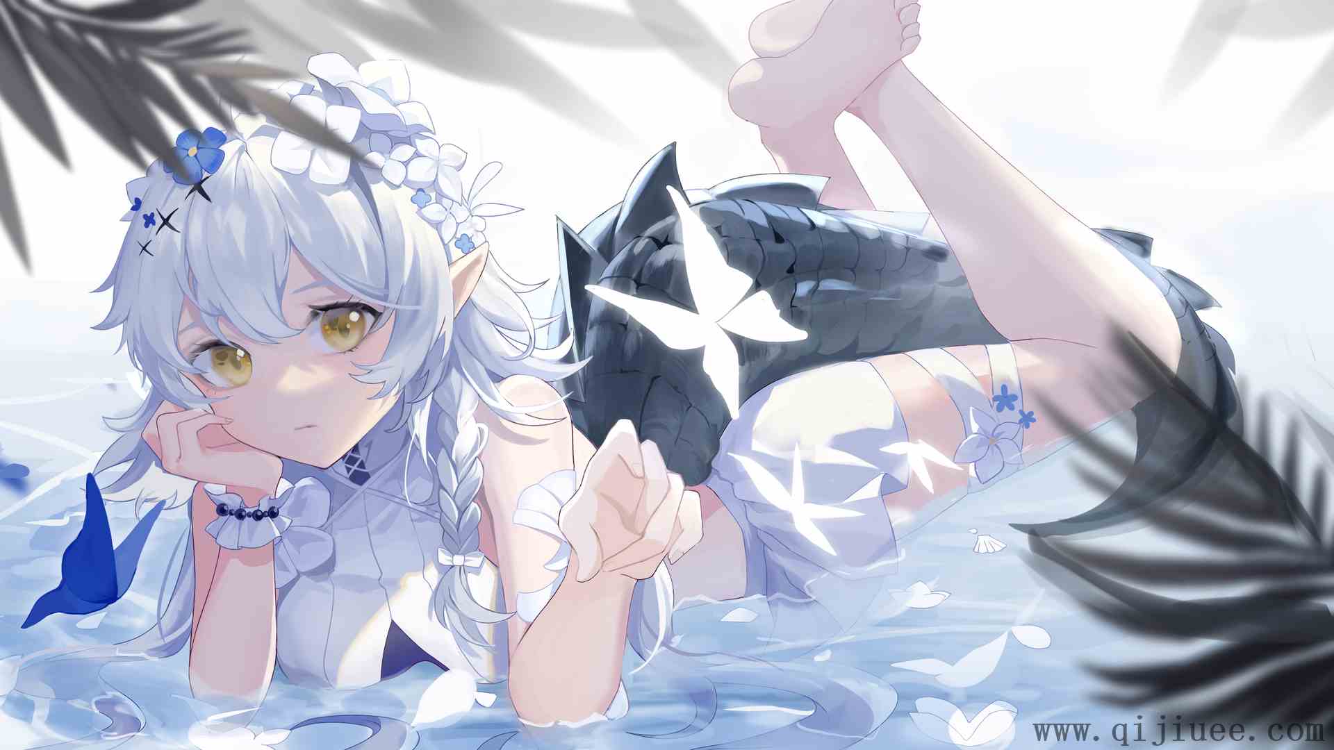 蓝色的头发 躺着 动漫 动漫女孩 明日方舟 黄色的眼睛 兽耳 尾巴  4K壁纸4360 x 2270/4.58 MB-柒染测试库