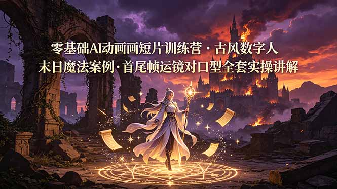 零基础AI动画短片训练营，古风数字人末日魔法案例，首尾帧运镜对口型全套实操讲解-柒染测试库