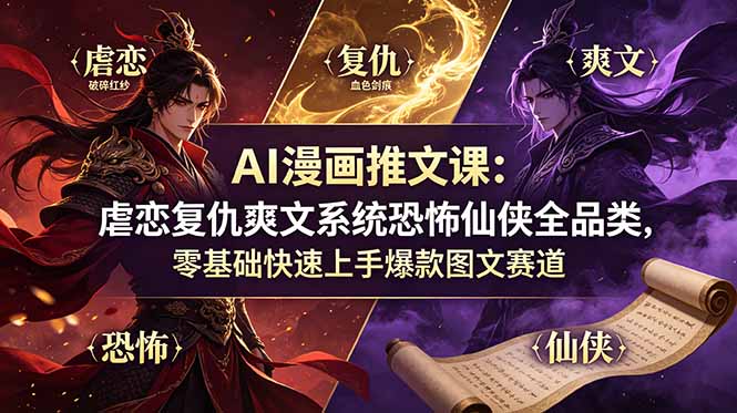 AI漫画推文课:虐恋复仇爽文系统恐怖仙侠全品类,零基础快速上手爆款图文赛道-柒染测试库