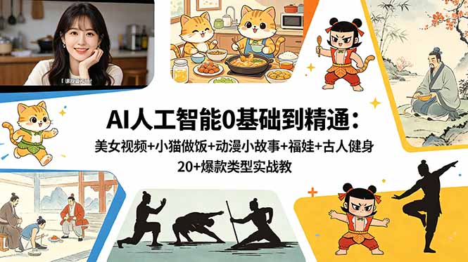 AI人工智能0基础到精通：美女视频+小猫做饭+动漫小故事+福娃+古人健身，20+爆款类型实战教学-柒染测试库