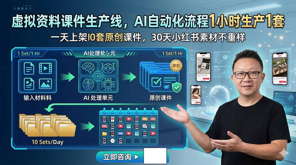 虚拟资料课件生产线,AI自动化流程1小时生产1套,一天上架10套原创课件,30天小红书素材不重样-柒染测试库