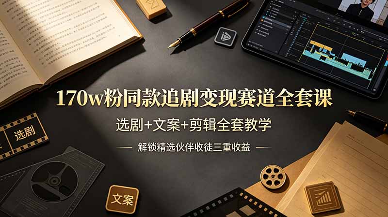 170w粉博主同款追剧变现赛道全套课，选剧+文案+剪辑全套教学，解锁精选伙伴收徒三重收益-柒染测试库