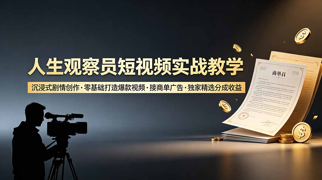 人生观察员短视频实战教学,沉浸式剧情创作,零基础打造爆款视频,接商单广告,独家精选分成收益-柒染测试库