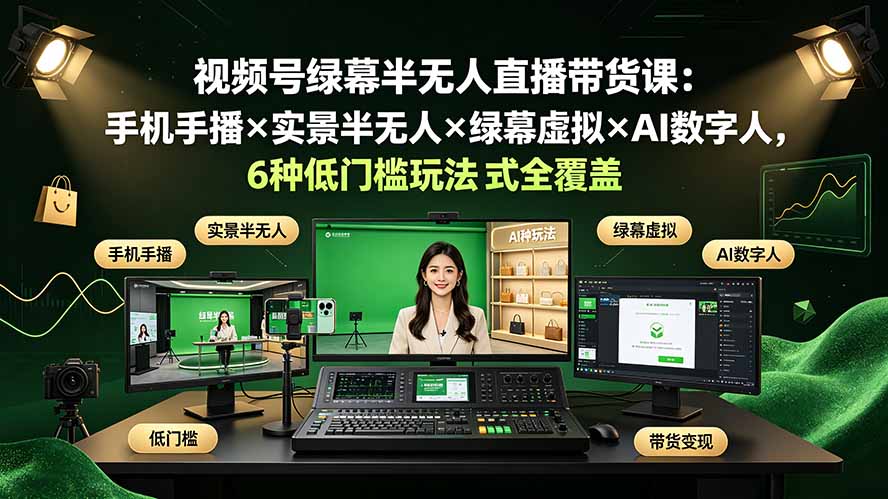 视频号绿幕半无人直播带货课：手机手播×实景半无人×绿幕虚拟×AI数字人，6种低门槛玩法全覆盖-柒染测试库