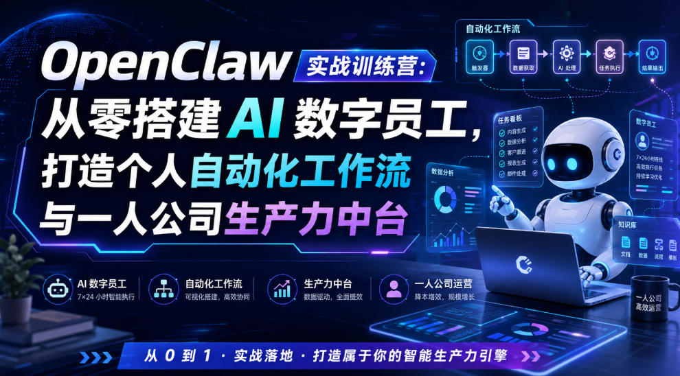 OpenClaw实战训练营：从零搭建AI数字员工，打造个人自动化工作流与一人公司生产力中台-柒染测试库