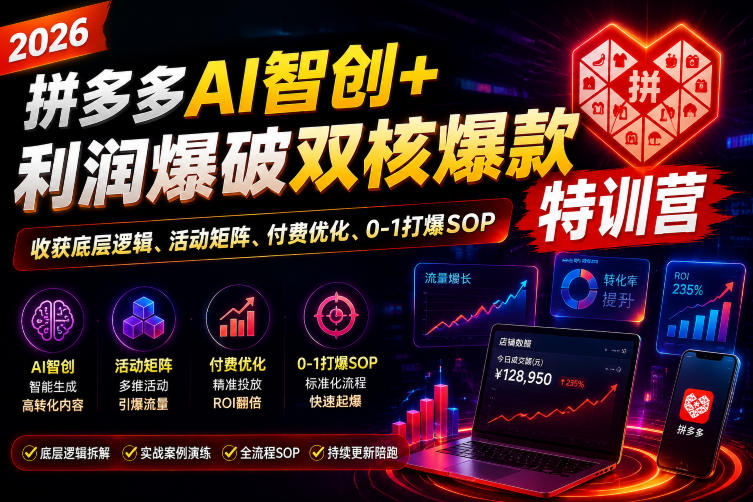 2026拼多多AI智创+利润爆破双核爆款特训营，收获底层逻辑、活动矩阵、付费优化、0-1打爆SOP-柒染测试库