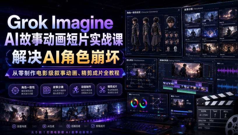 Grok Imagine AI故事动画短片实战课｜解决AI角色崩坏，从零制作电影级叙事动画、精剪成片全教程(中英字幕)-柒染测试库