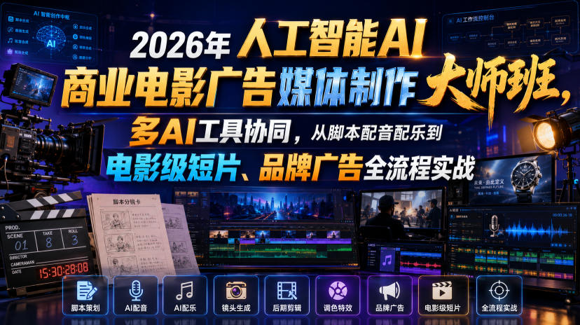 2026年人工智能AI商业电影广告媒体制作大师班，多AI工具协同，从脚本配音配乐到电影级短片、品牌广告全流程实战(中英字幕)-柒染测试库