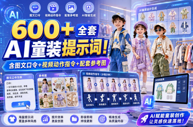600+全套AI童装提示词！含图文口令+视频动作指令+配套参考图，Word-Excel规整分类，童装电商、种草无脑量产内容！-柒染测试库