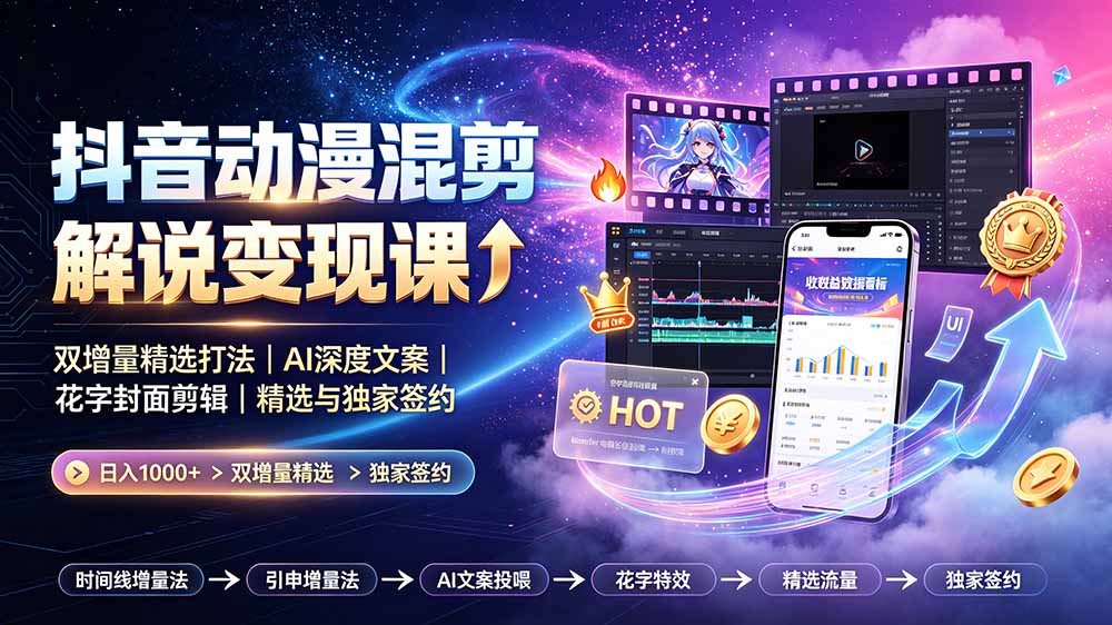 抖音动漫混剪解说变现课：双增量精选打法｜AI深度文案｜花字封面剪辑｜ 精选与独家签约日入1000+-柒染测试库