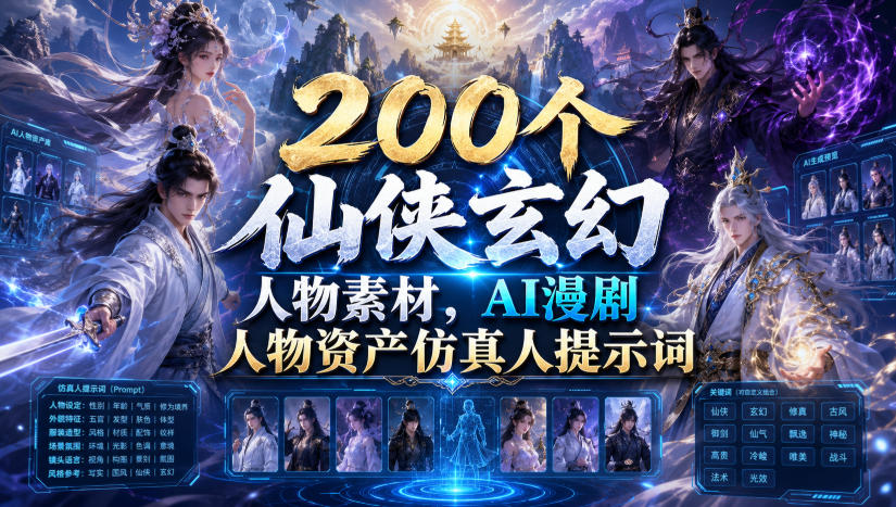 200个仙侠玄幻人物素材，AI漫剧人物资产仿真人提示词-柒染测试库