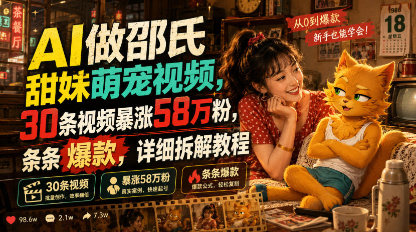 AI做邵氏甜妹萌宠视频，30条视频暴涨58万粉，条条爆款，详细拆解教程-柒染测试库