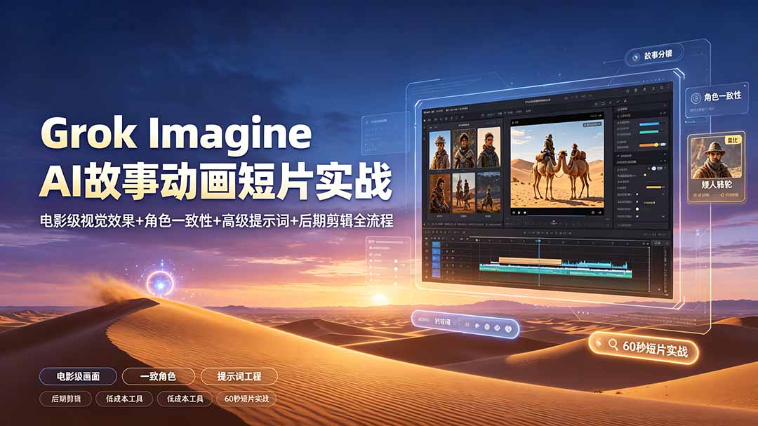 Grok Imagine AI故事动画短片实战：电影级视觉效果+角色一致性+高级提示词+后期剪辑全流程-柒染测试库