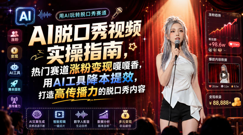 AI脱口秀视频实操指南，热门赛道涨粉变现嘎嘎香，用AI工具降本提效，打造高传播力的脱口秀内容-柒染测试库
