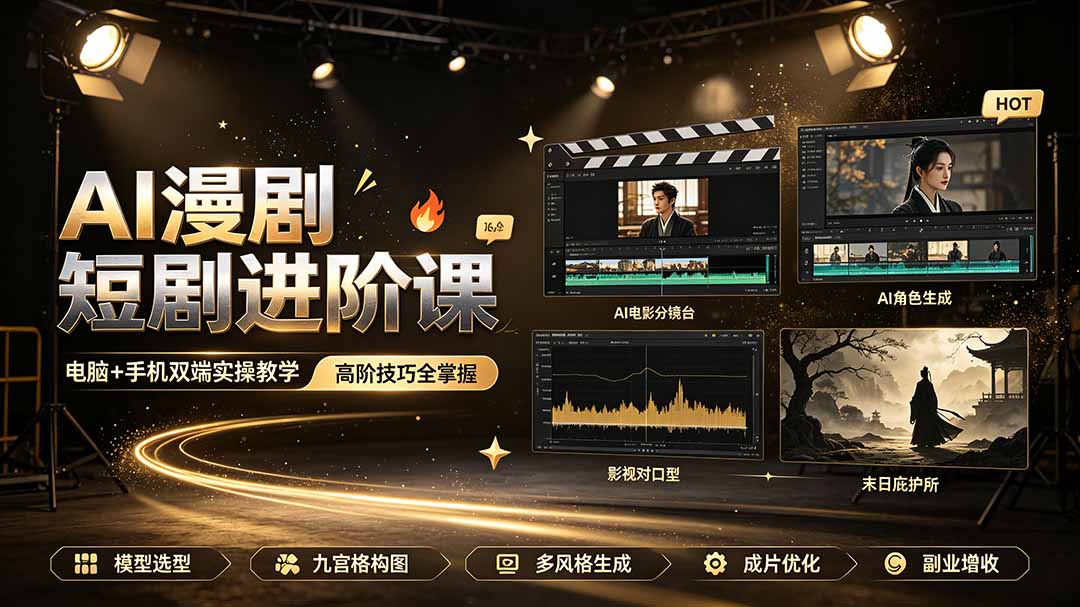 AI漫剧短剧进阶课｜电脑+手机双端实操教学｜影视剧对口型人物吃瓜×解压末日庇护所全程讲解，高阶技巧全掌握-柒染测试库