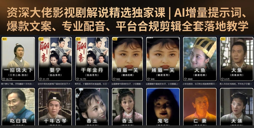 资深大佬影视剧解说精选独家课｜AI增量提示词、爆款文案、专业配音、平台合规剪辑全套落地教学-柒染测试库