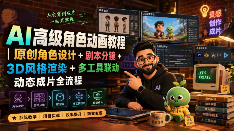 AI高级角色动画教程｜原创角色设计+剧本分镜+3D风格渲染+多工具联动动态成片全流程【中英字幕】-柒染测试库