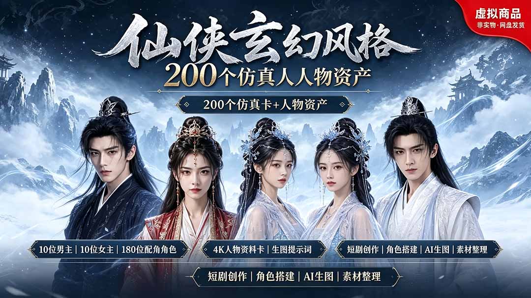 200个仙侠玄幻仿真人素材◆10男主×10女主×180配角，4K资料卡+AI生图提示词，漫剧必备-柒染测试库