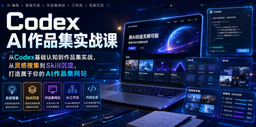Codex AI作品集实战课，从Codex基础认知到作品集实战，从灵感搜集到Skill沉淀，打造属于你的AI作品集网站-柒染测试库