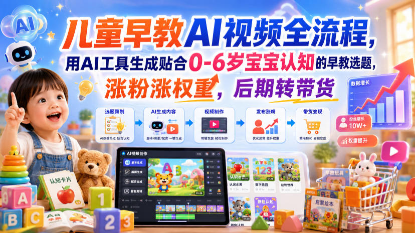 儿童早教AI视频全流程，用AI工具生成贴合0-6岁宝宝认知的早教选题，涨粉涨权重，后期转带货-柒染测试库