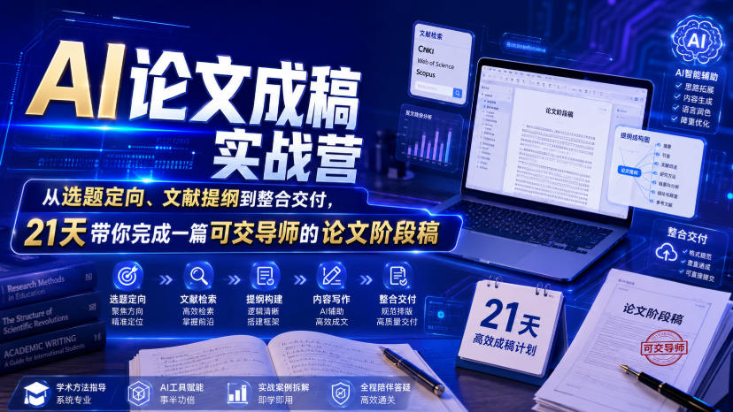 AI论文成稿实战营，从选题定向、文献提纲到整合交付，21天带你完成一篇可交导师的论文阶段稿-柒染测试库