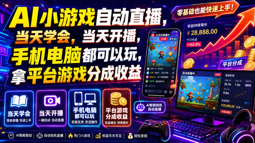 AI小游戏自动直播，当天学会，当天开播，手机电脑都可以玩，拿平台游戏分成收益-柒染测试库