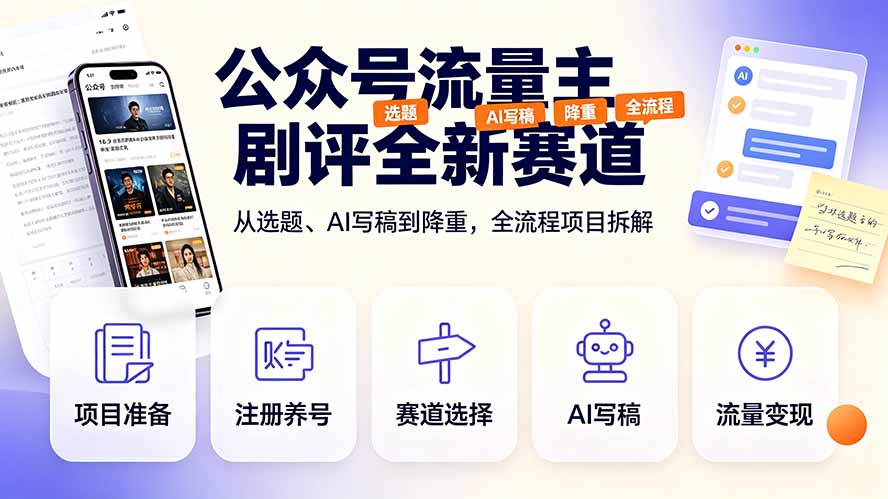 公众号流量主剧评全新赛道，从选题、AI写稿到降重，全流程项目拆解-柒染测试库