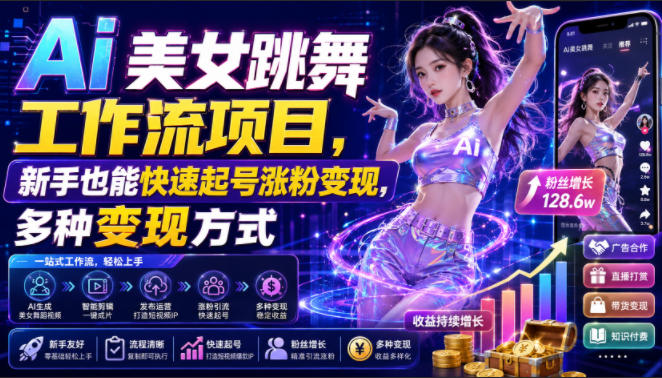 Ai美女跳舞工作流项目，新手也能快速起号涨粉变现，多种变现方式-柒染测试库