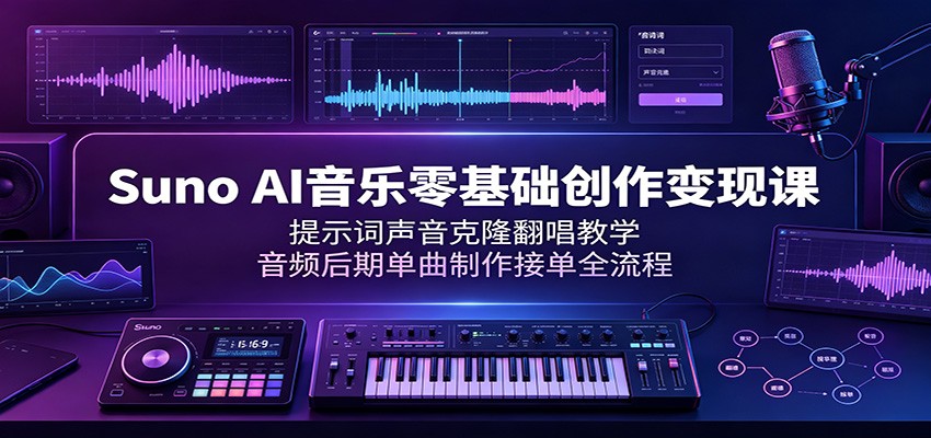 Suno AI音乐零基础创作变现课：提示词声音克隆翻唱教学，音频后期单曲制作接单全流程-柒染测试库