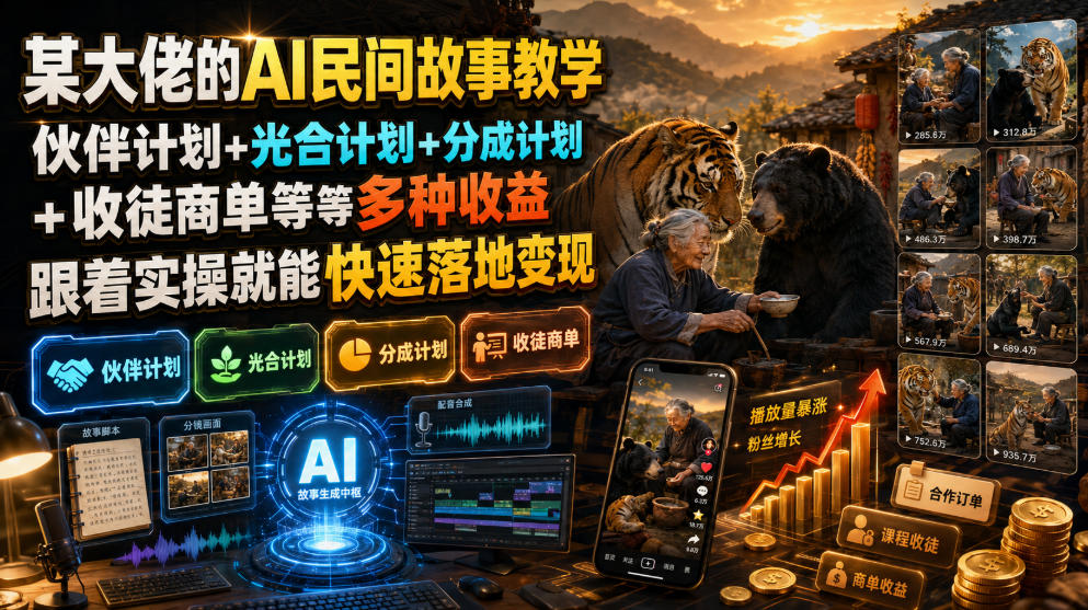 某大佬的AI民间故事教学,伙伴计划+光合计划+分成计划+收徒商单等多种收益,跟着实操就能快速落地变现-柒染测试库